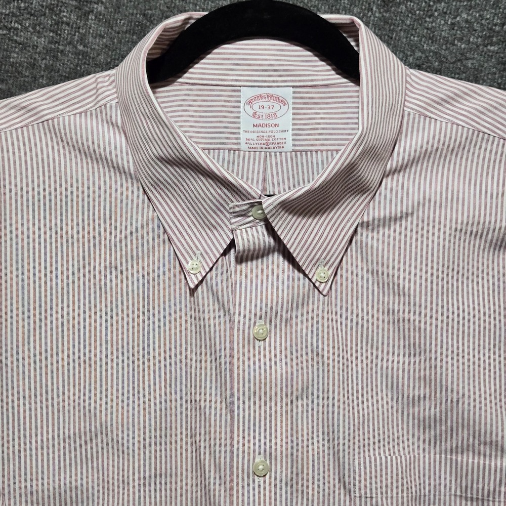 Brooks Brothers Madison Button Up Shirt Burgandy Stripe 19 / 37 Non Iron